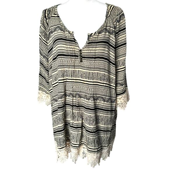 SOLITAIRE Women's‎ 3X Striped Tunic Top Shirt Lace Trim 3/4 Sleeve V Neck Boho - Picture 1 of 10
